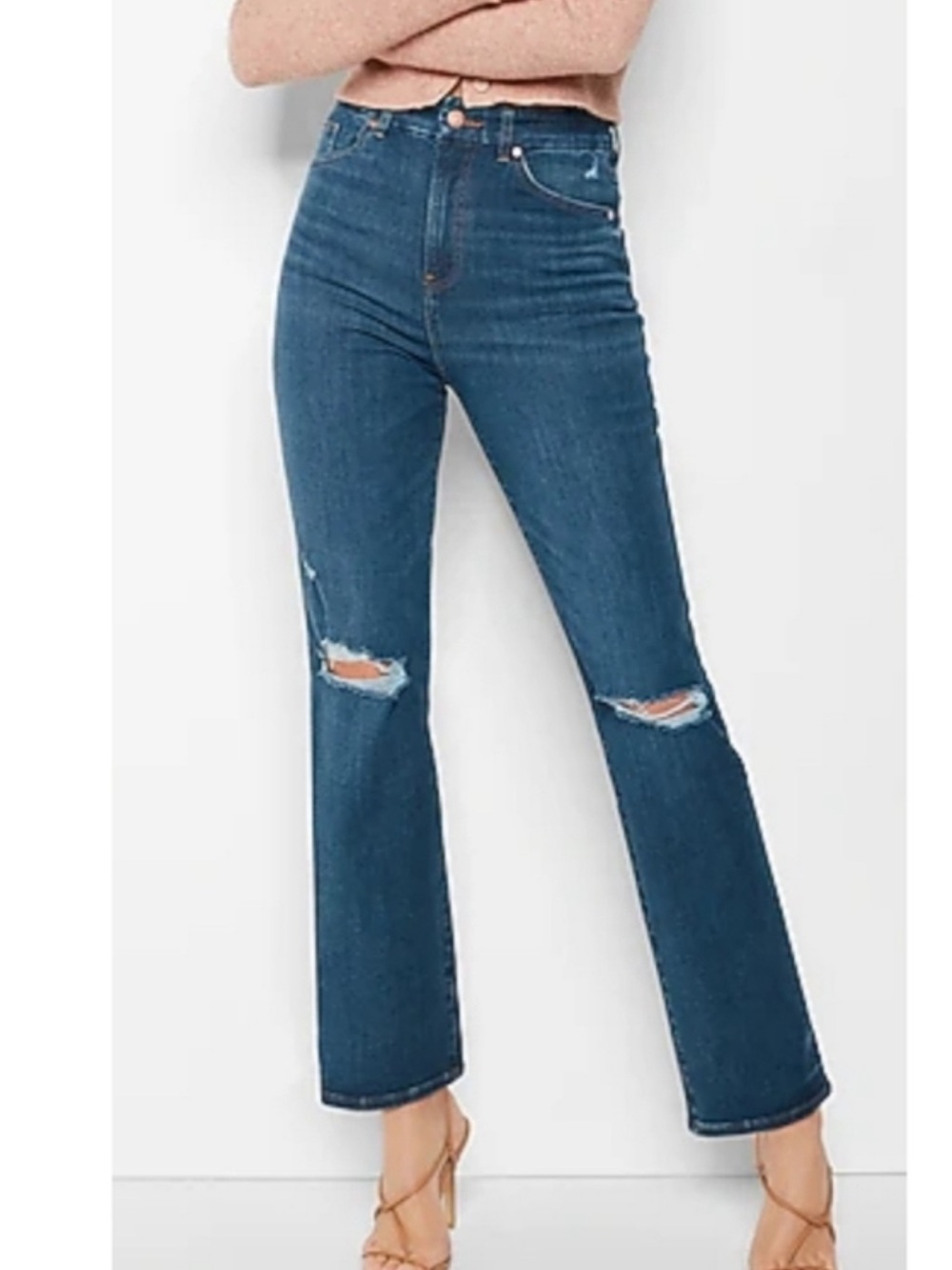 Express Modern Straight Super High-Rise Distressed Straight-Leg Jeans - Blue